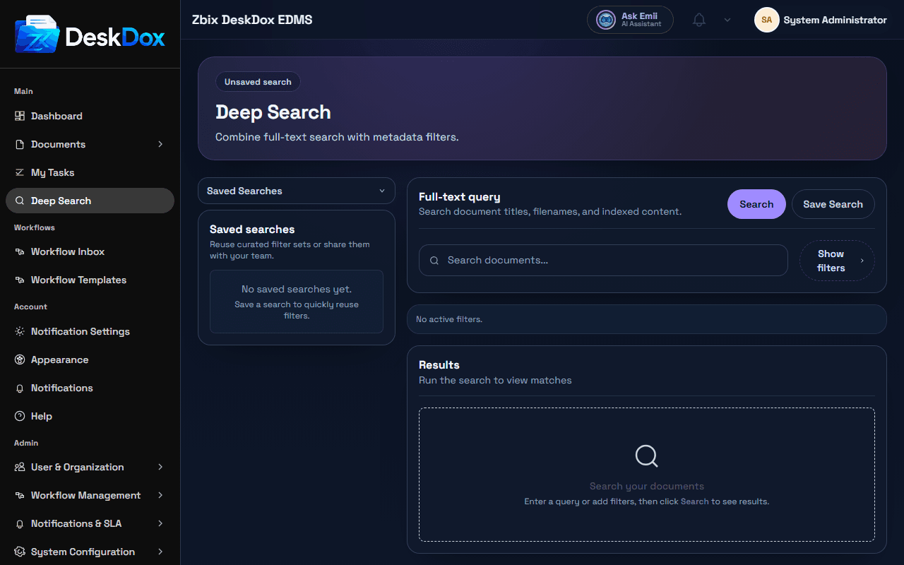 DeskDox deep search interface for full-text document lookup, saved searches, filters, and indexed content.