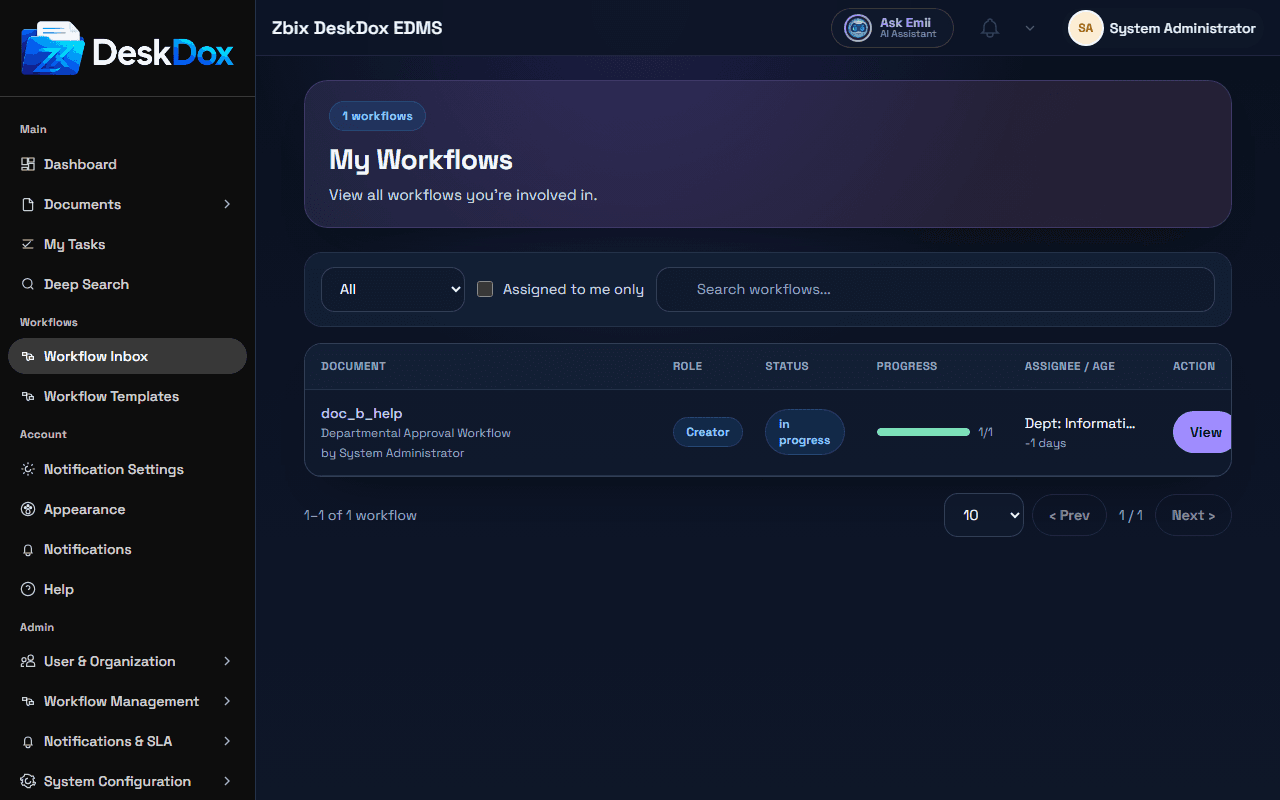 DeskDox workflow inbox showing routed approval work, assignee status, progress, and action controls.