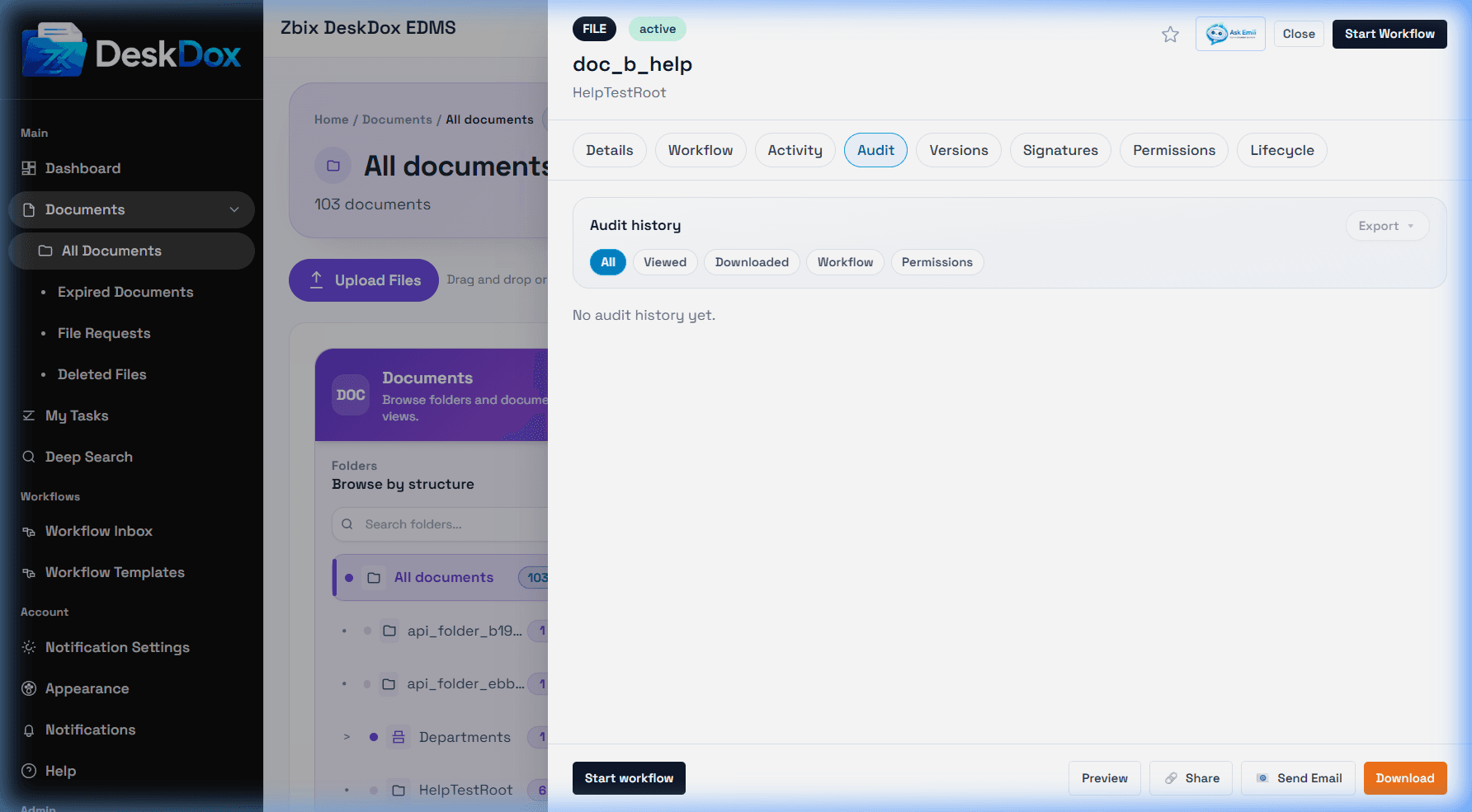 DeskDox document audit trail showing document activity, workflow actions, and review evidence.